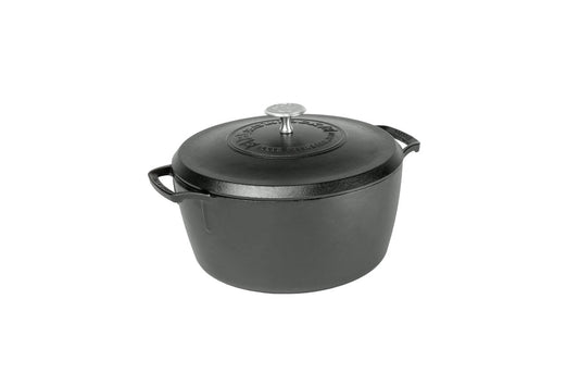 Black dutch oven with 2 handles and a lid.