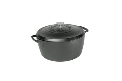 Black dutch oven with 2 handles and a lid.