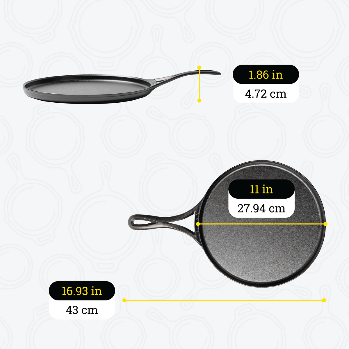 Dimensional drawing of product. Total height including handle is 1.86 inches, total length is 16.93 inches, width of cooking surface is 11 inches.