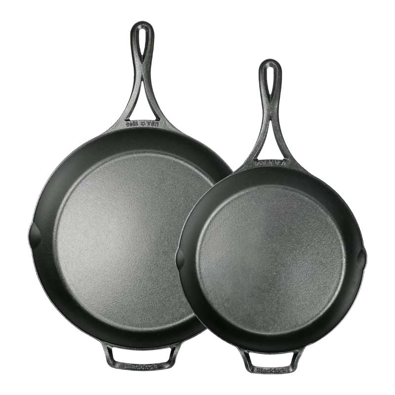 Top view of both skillets, each have a long handles, loop handle, and 2 pour spouts.