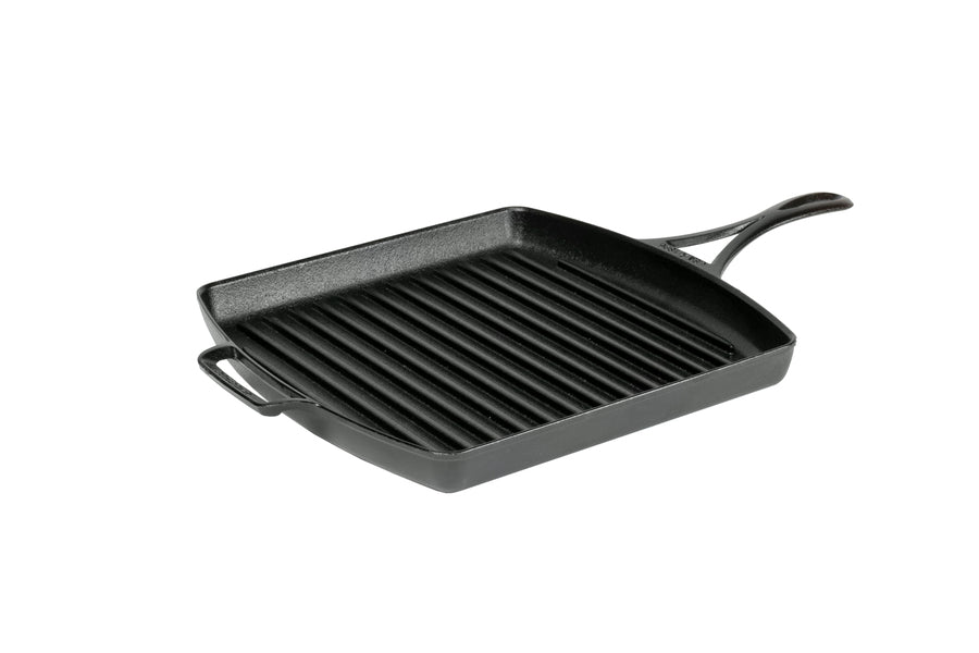A 12 inch square cast iron grill pan with raised ridges for grilling, a long handle, and a loop handle.