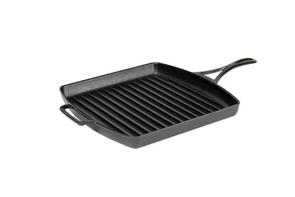 A 12 inch square cast iron grill pan with raised ridges for grilling, a long handle, and a loop handle.