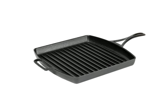 A 12 inch square cast iron grill pan with raised ridges for grilling, a long handle, and a loop handle.