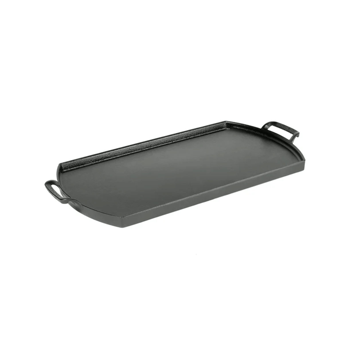 Rectangular shaped griddle with 2 handles, short sides are curved outwards.
