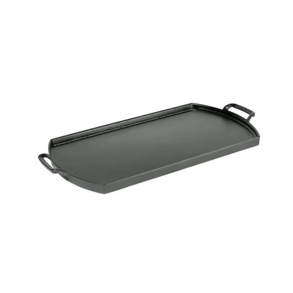 Rectangular shaped griddle with 2 handles, short sides are curved outwards.