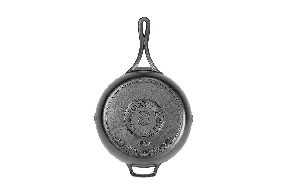 Bottom of skillet featuring the Blacklock collection logo.