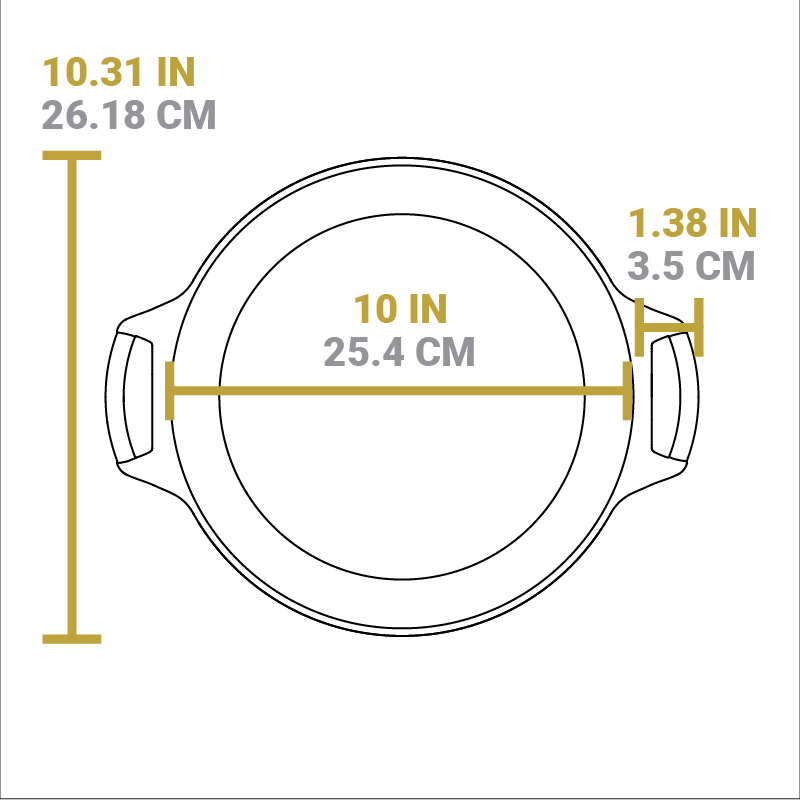 Dimensional drawing of Baker's Skillet. Length of pan is 10.31 inches, width of cooking surface is 10 inches, length of handle from pan is 1.38 inches.