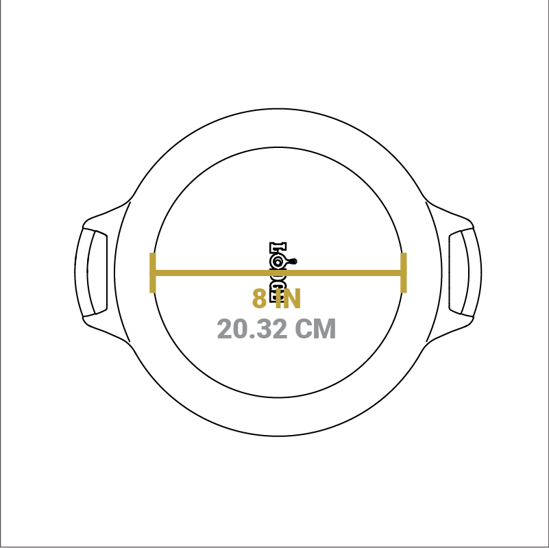 Dimensional drawing of Baker's Skillet. Width of flat bottom is 8 inches.