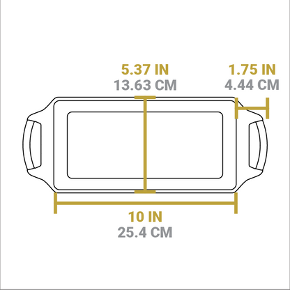 Dimensional drawing of product. Width of cooking area is 5.37 inches and cooking area length is 10 inches. Length of handle from pan is 1.75 inches.