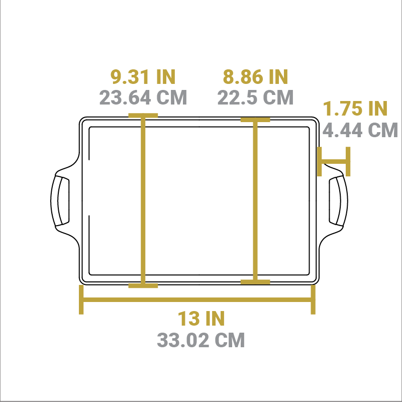 Dimensional drawing of casserole pan. Width of pan excluding handles is 13 inches, length is 9.31 inches, length of cooking area is 8.86 inches, length of handle from pan is 1.75 inches.