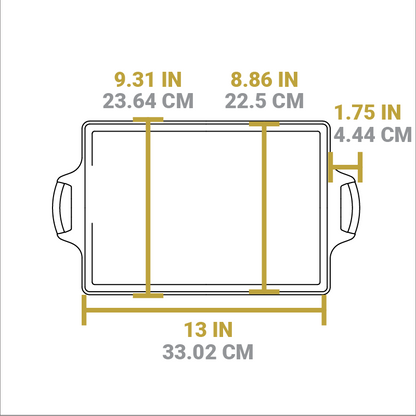 Dimensional drawing of casserole pan. Width of pan excluding handles is 13 inches, length is 9.31 inches, length of cooking area is 8.86 inches, length of handle from pan is 1.75 inches.