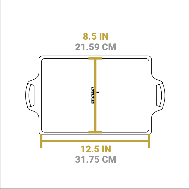 Dimensional drawing of casserole pan. Length of flat bottom is 8.5 inches, width of flat bottom is 12.5 inches.