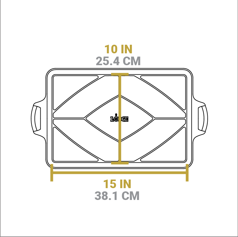 Dimensional drawing of baking pan. Length of flat bottom is 10 inches, width of flat bottom is 15 inches.