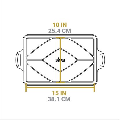 Dimensional drawing of baking pan. Length of flat bottom is 10 inches, width of flat bottom is 15 inches.