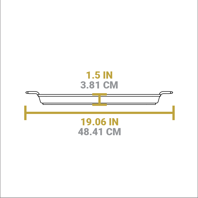 Dimensional drawing of baking pan. Depth is 1.5 inches, total width including handles is 19.06 inches.