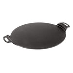 Circular pizza pan with 2 handles and a no edges.