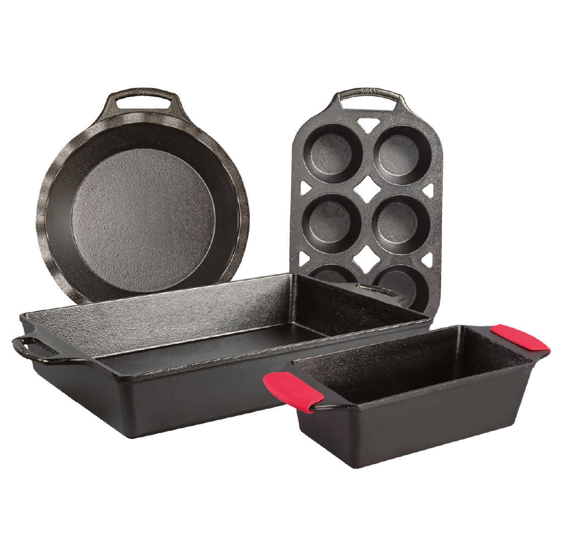 5 piece cast iron set including a pie pan, 6 cup muffin pan, baking pan, loaf pan, and set of silicone handle grips.