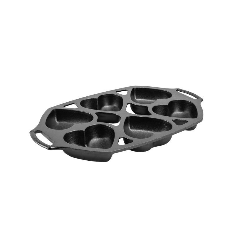 Baking pan with 6 heart-shaped molds.