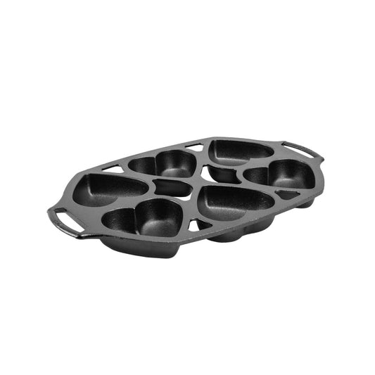 Baking pan with 6 heart-shaped molds.