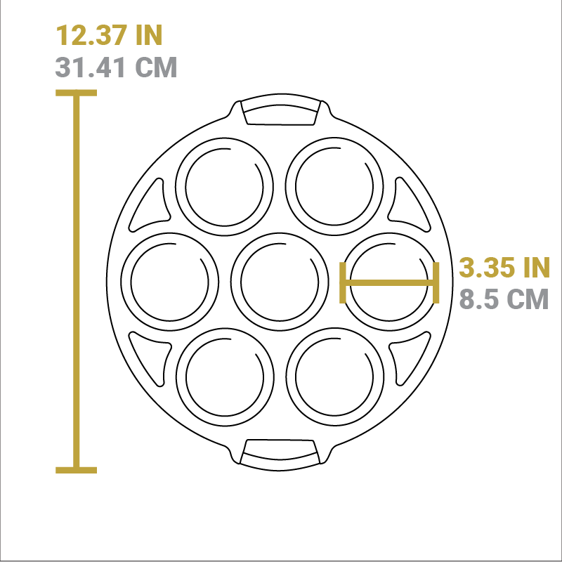 Dimensional drawing of product. Total width including handles is 12.37 inches, width of cake cup is 3.35 inches.