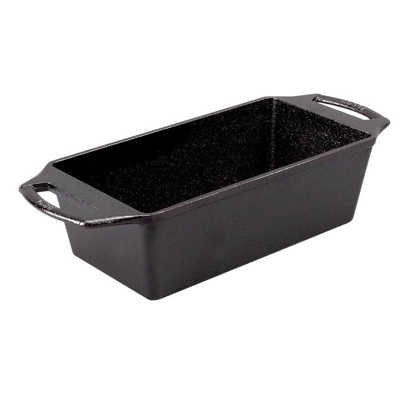 Black cast iron, rectangular loaf pan with 2 handles on short sides.
