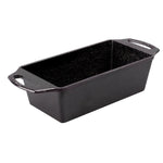Black cast iron, rectangular loaf pan with 2 handles on short sides.