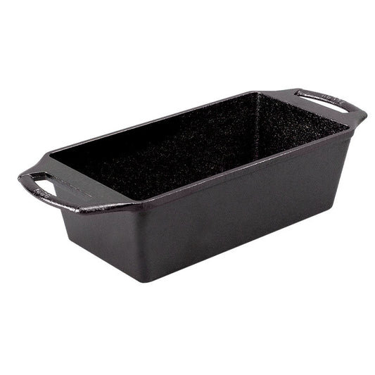 Black cast iron, rectangular loaf pan with 2 handles on short sides.