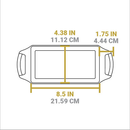 Dimensional drawing of product. Length of cooking surface is 4.38 inches, width of cooking surface is 8.5 inches, and length from handle to pan is 1.75 inches.