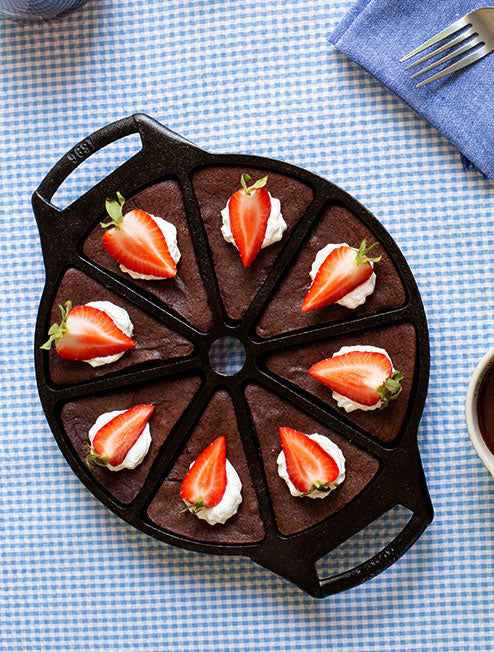 Top view of 8 triangular shaped brownies, presented and made in pan.