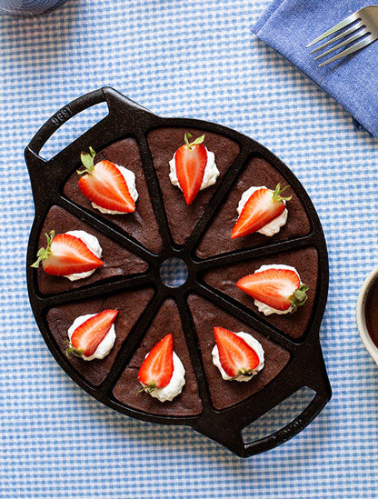 Top view of 8 triangular shaped brownies, presented and made in pan.