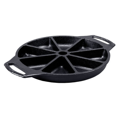 A black cast iron wedge pan with eight compartments and side handles.