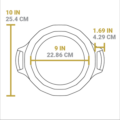 Dimensional drawing of pie pan. Length of pan is 10 inches, width of cooking surface is 9 inches, and length of handle form pan is 1.69 inches.