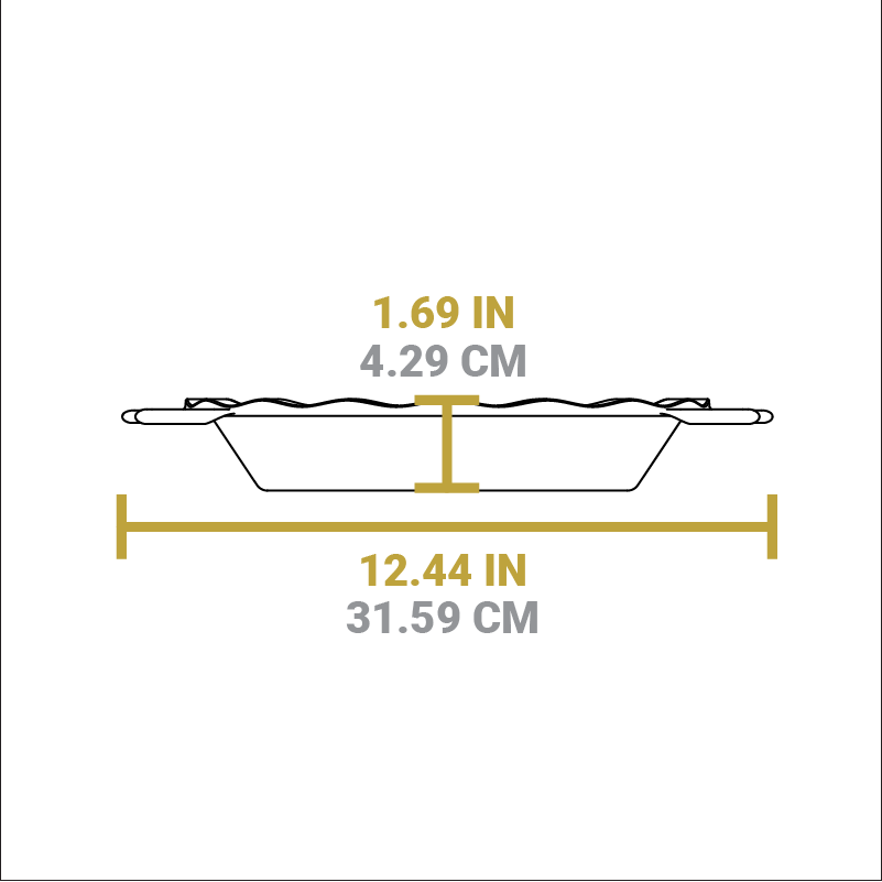 Dimensional drawing of pie pan. Height is 1.69 inches, total width including handles is 12.44 inches.