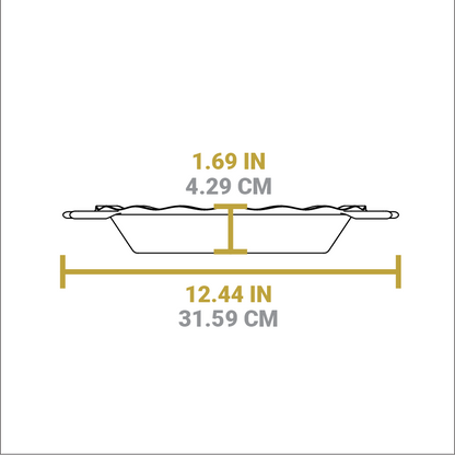 Dimensional drawing of pie pan. Height is 1.69 inches, total width including handles is 12.44 inches.