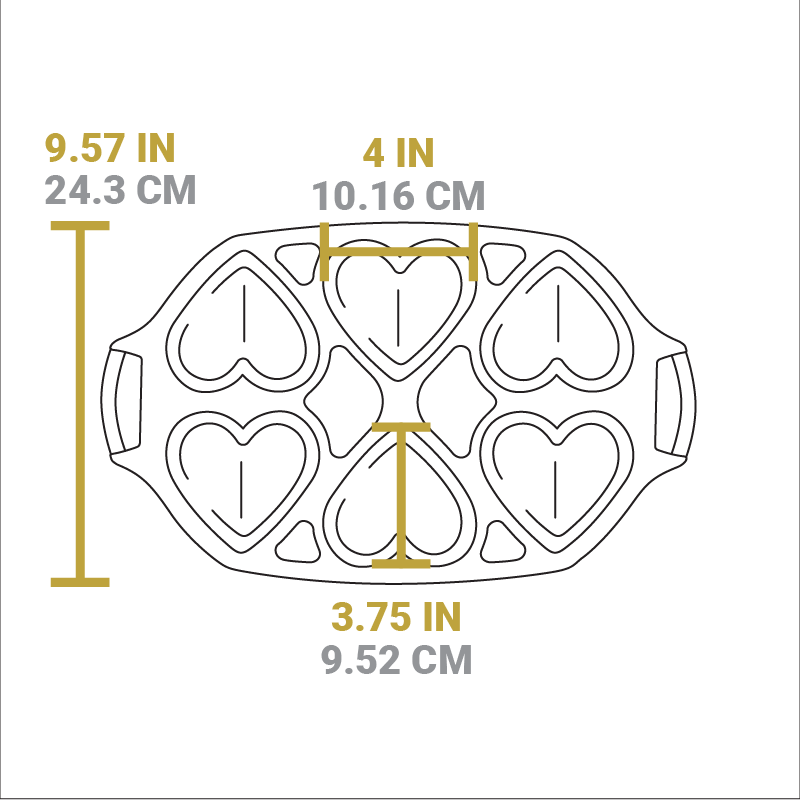 Dimensional drawing of product. length of pan is 9.57 inches, width of heart molds is 4 inches, and length of heart molds is 3.75 inches.