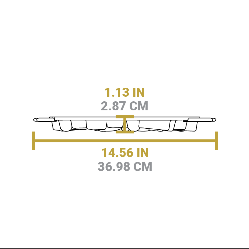 Dimensional drawing of product. Total width including handles is 14.56 inches, height is 1.13 inches.