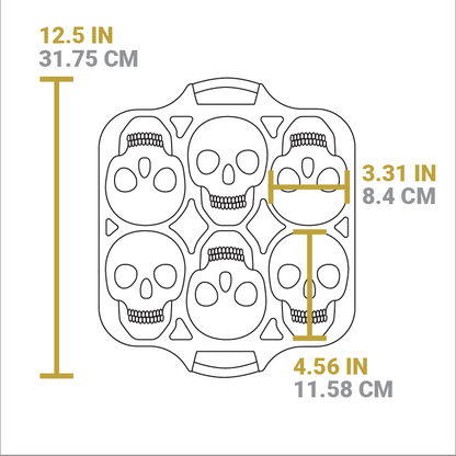 Dimensional drawing of product. Width from handle to handle is 12.5 inches, width of skull is 3.31 inches, length of skull is 4.56 inches.