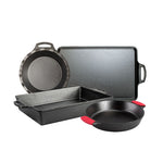 Set of cast iron bakeware including a set of red bakeware grips.