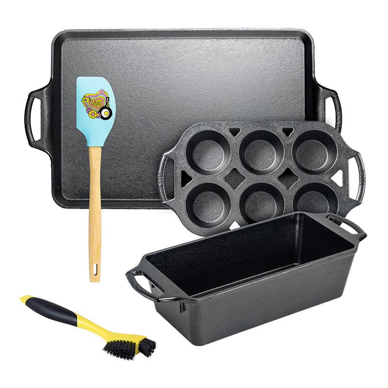 3 piece seasoned cast iron set with yellow and black corner and groove brush and a blue silicone spatula with a wooden handle.