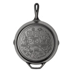 Cast iron skillet with the bottom engraved with beloved icons and monuments from California.