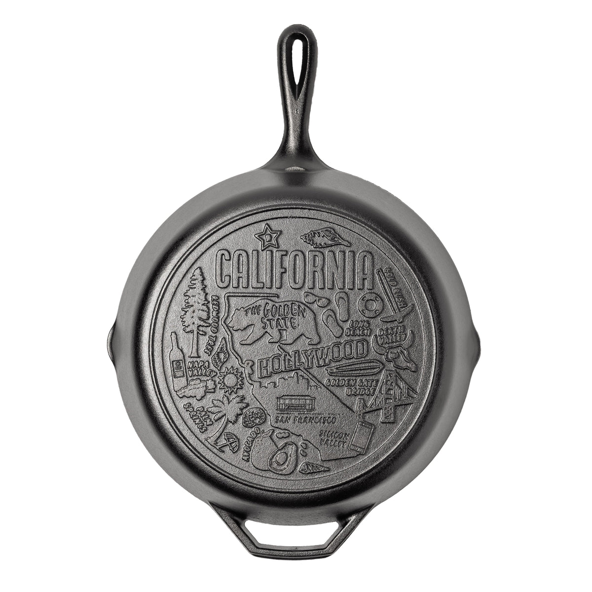 Cast iron skillet with the bottom engraved with beloved icons and monuments from California.