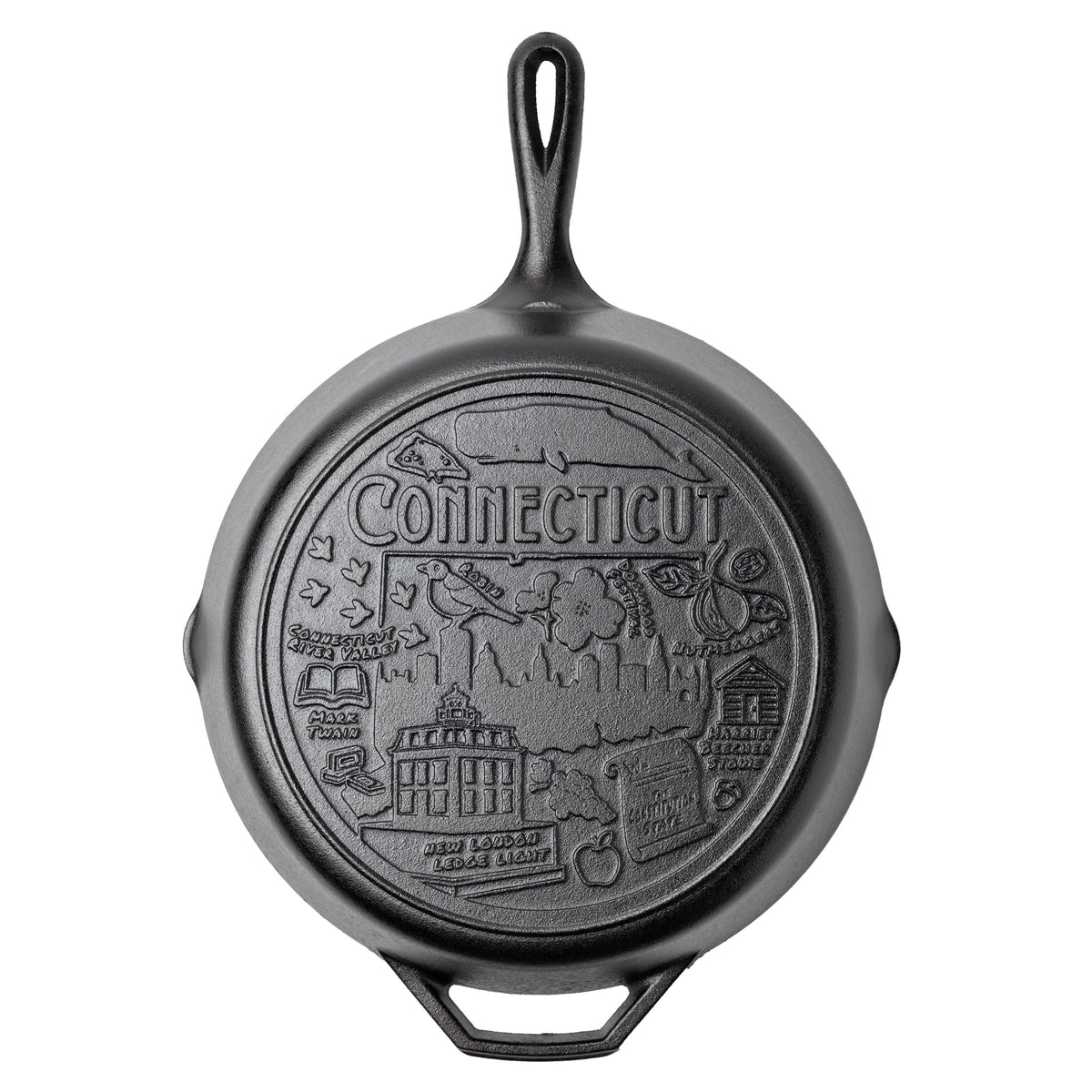 Cast iron skillet with the bottom engraved with beloved icons and monuments from Connecticut.