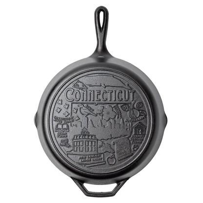 Cast iron skillet with the bottom engraved with beloved icons and monuments from Connecticut.