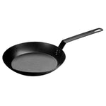 Black skillet with long straight handle.