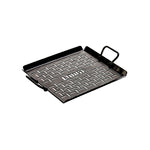 Grill basket with 2 handles and perforated lines and Lodge branding.