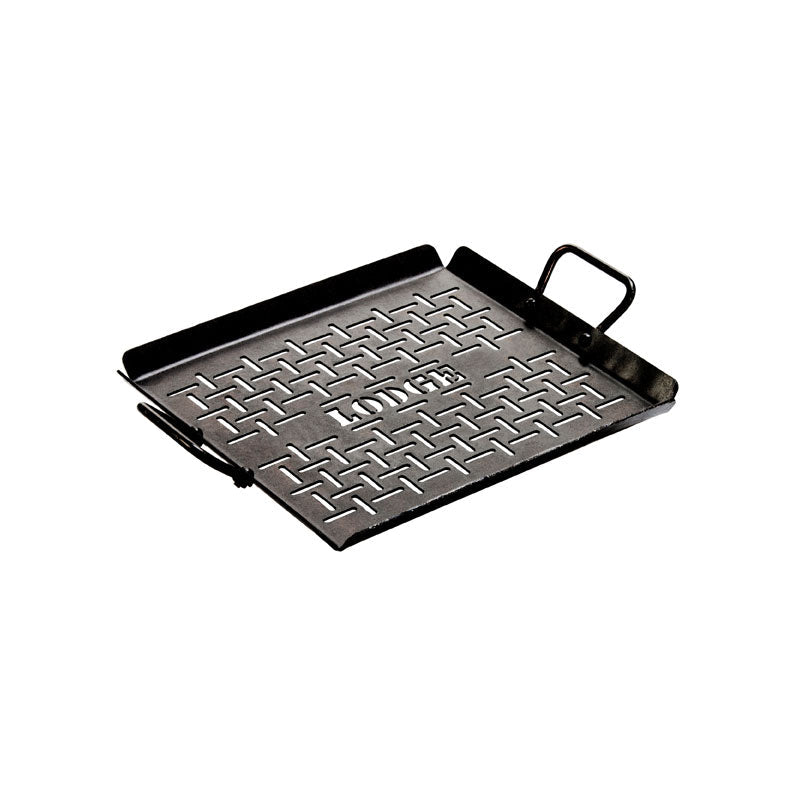 Grill basket with 2 handles and perforated lines and Lodge branding.