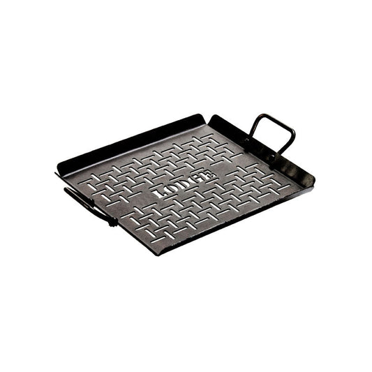 Grill basket with 2 handles and perforated lines and Lodge branding.