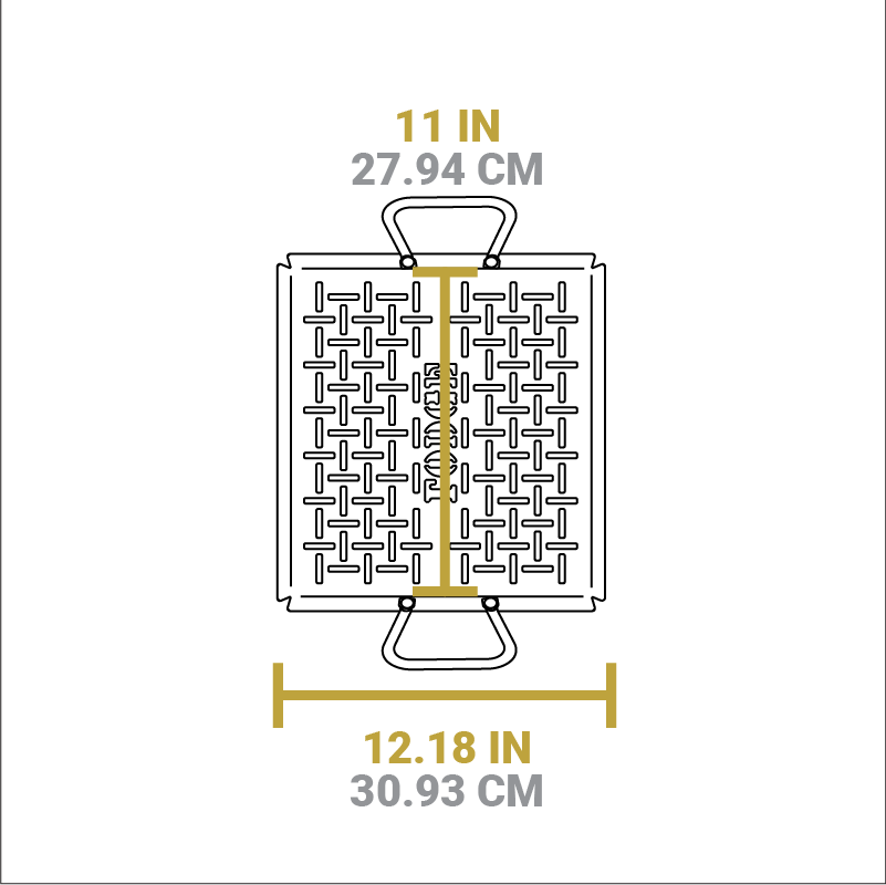 Dimensional drawing of product. Width of cooking surface is 11 inches, total length including edges is 12.18 inches.