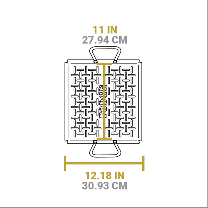 Dimensional drawing of product. Width of cooking surface is 11 inches, total length including edges is 12.18 inches.