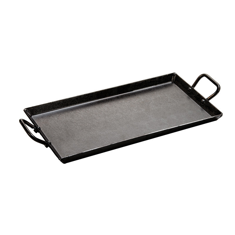 Rectangular griddle with 2 handles on short ends.